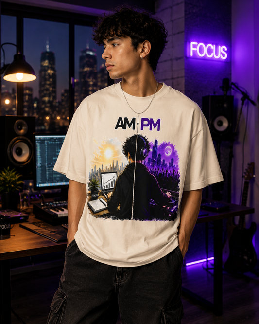 AM/PM Day-to-Night Graphic Tee — Work Hard by Day, Party by Night Oversized Shirt
