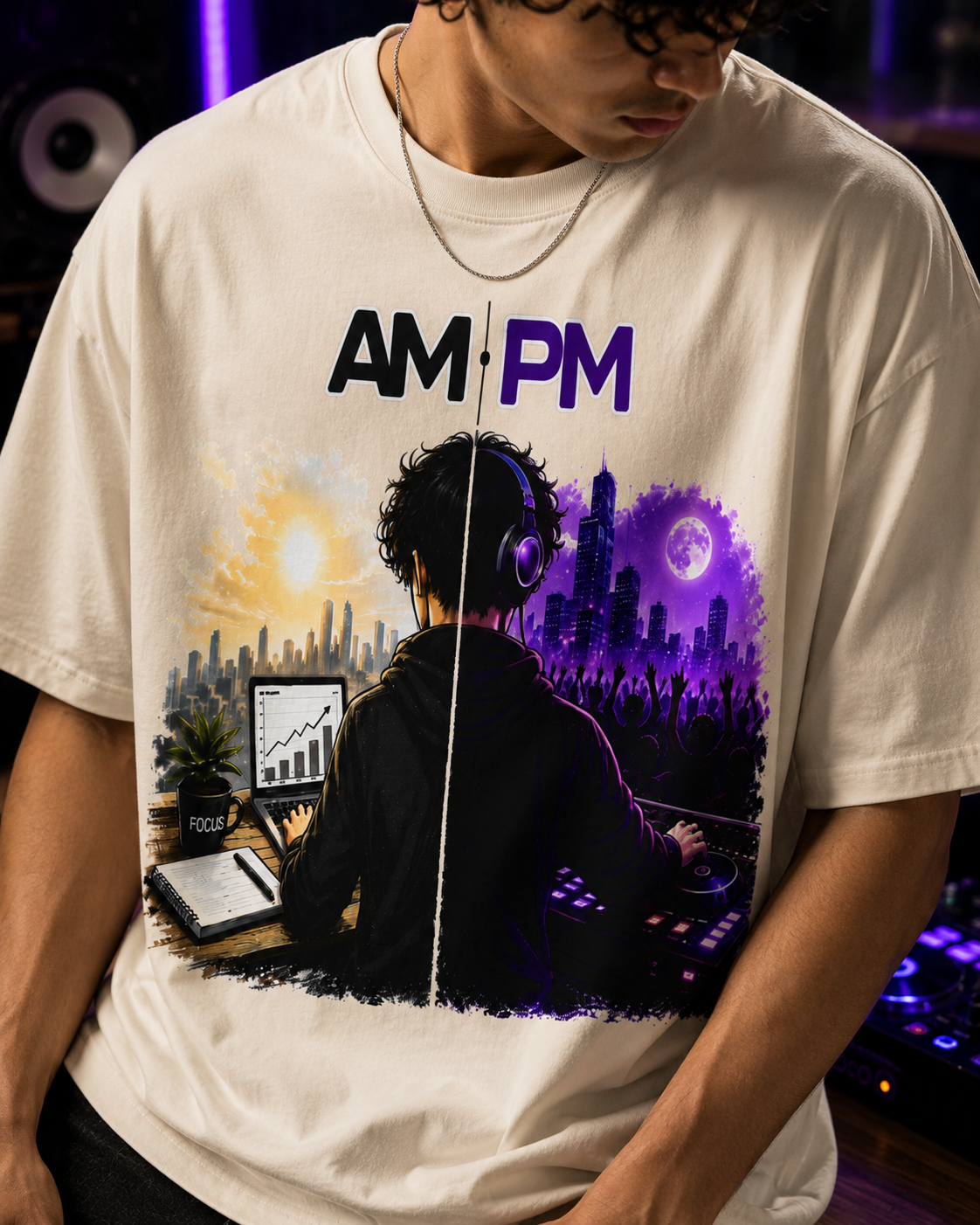 AM/PM Day-to-Night Graphic Tee — Work Hard by Day, Party by Night Oversized Shirt