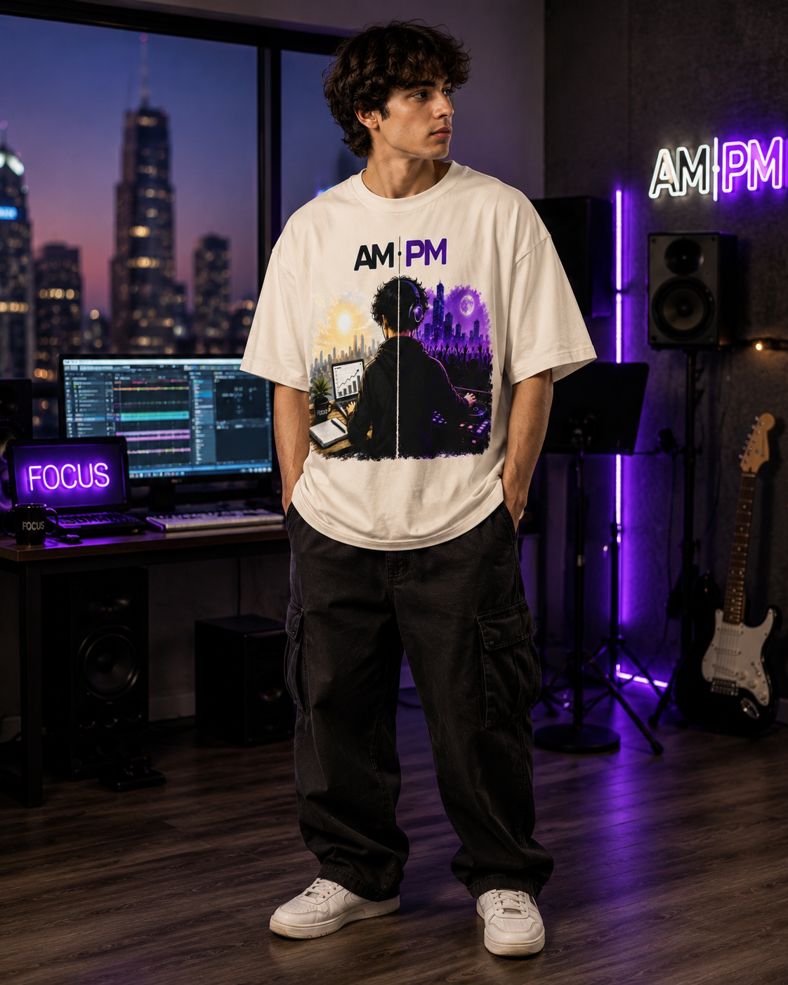 AM/PM Day-to-Night Graphic Tee — Work Hard by Day, Party by Night Oversized Shirt