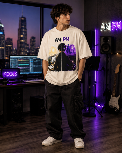 AM/PM Day-to-Night Graphic Tee — Work Hard by Day, Party by Night Oversized Shirt