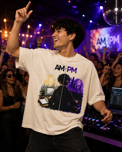 AM/PM Day-to-Night Graphic Tee — Work Hard by Day, Party by Night Oversized Shirt