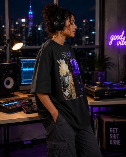 Work Hard By Day, Party By Night Oversize Tee — AM/PM Split-Scene Graphic