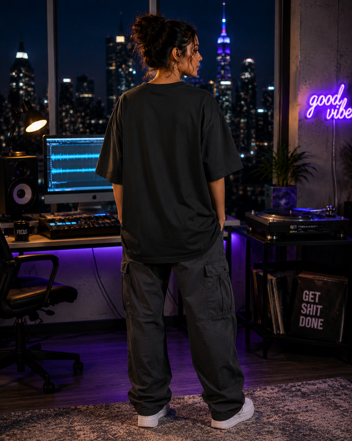 Work Hard By Day, Party By Night Oversize Tee — AM/PM Split-Scene Graphic