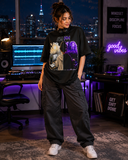 Work Hard By Day, Party By Night Oversize Tee — AM/PM Split-Scene Graphic