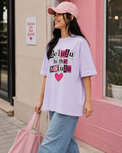 Oversize Tee — "delulu is the solulu" Pink Heart K-Pop Fan Shirt