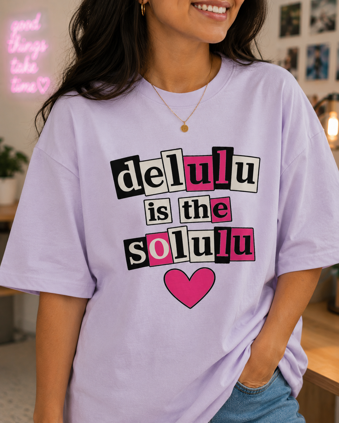 Oversize Tee — "delulu is the solulu" Pink Heart K-Pop Fan Shirt