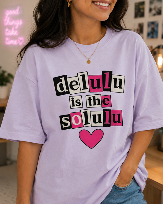 Oversize Tee — "delulu is the solulu" Pink Heart K-Pop Fan Shirt
