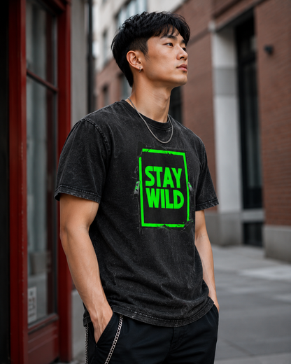 Stay Wild Acid-Washed Tee — Neon Green Graphic Round Neck Shirt