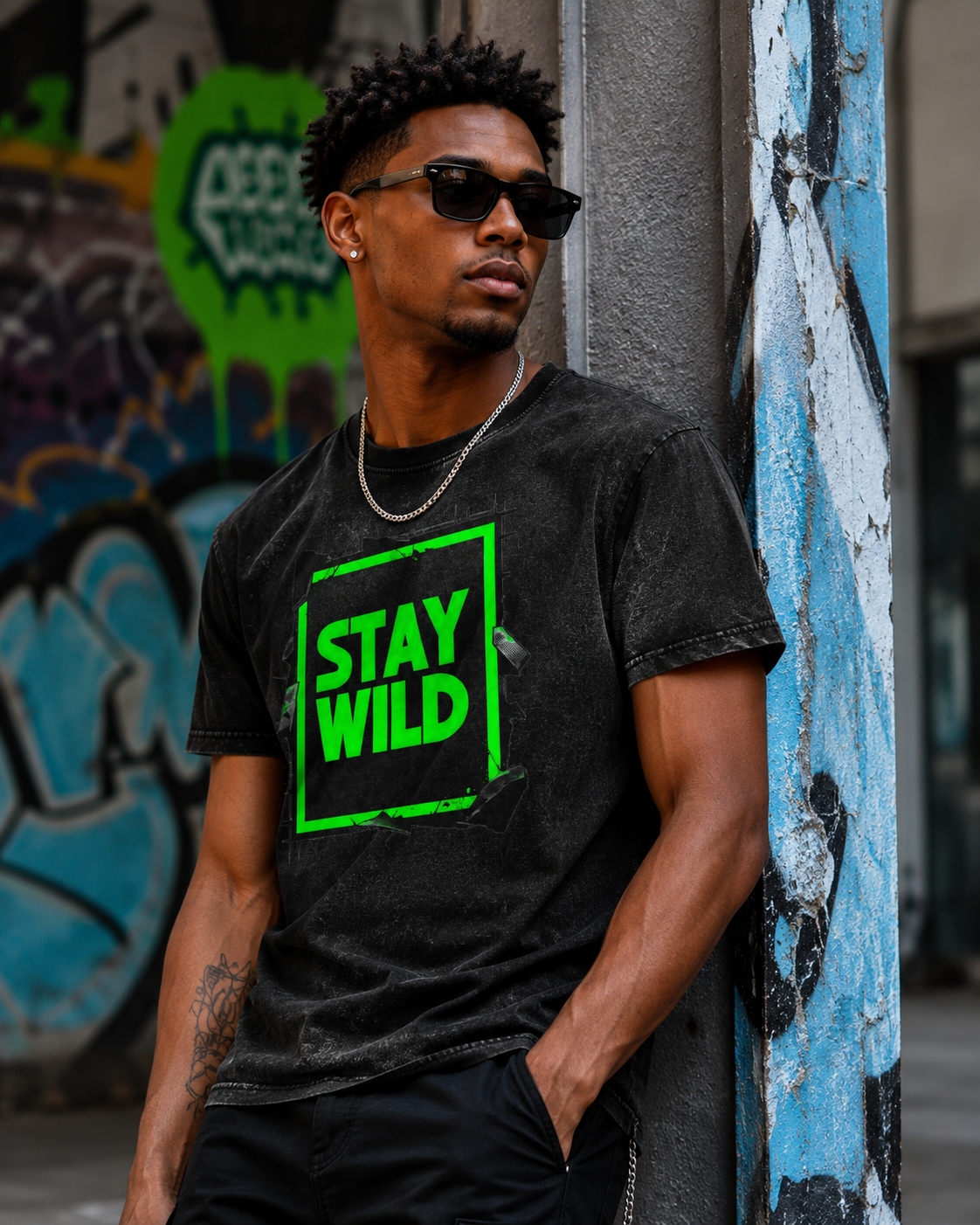 Stay Wild Acid-Washed Tee — Neon Green Graphic Round Neck Shirt