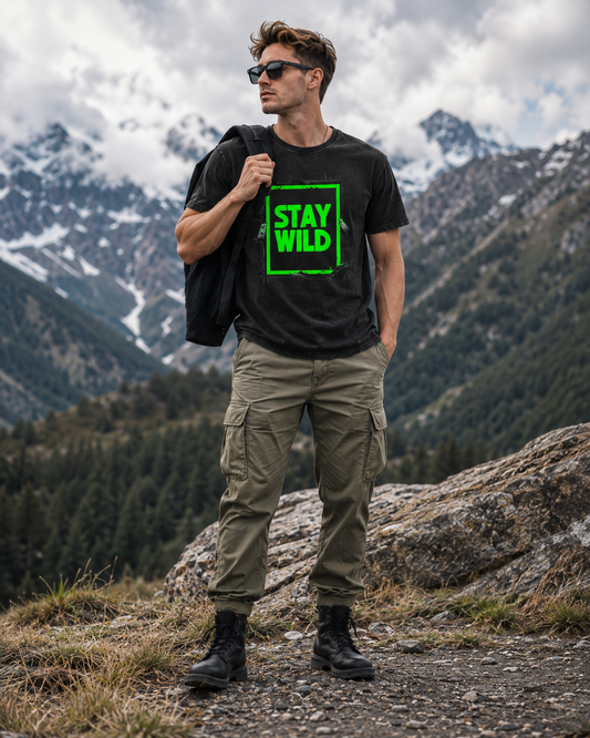 Stay Wild Acid-Washed Tee — Neon Green Graphic Round Neck Shirt