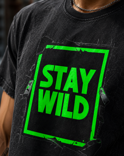 Stay Wild Acid-Washed Tee — Neon Green Graphic Round Neck Shirt