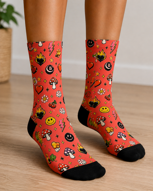 Red Retro Tattoo Crew Socks – Hearts, Flames & Smiley Pattern