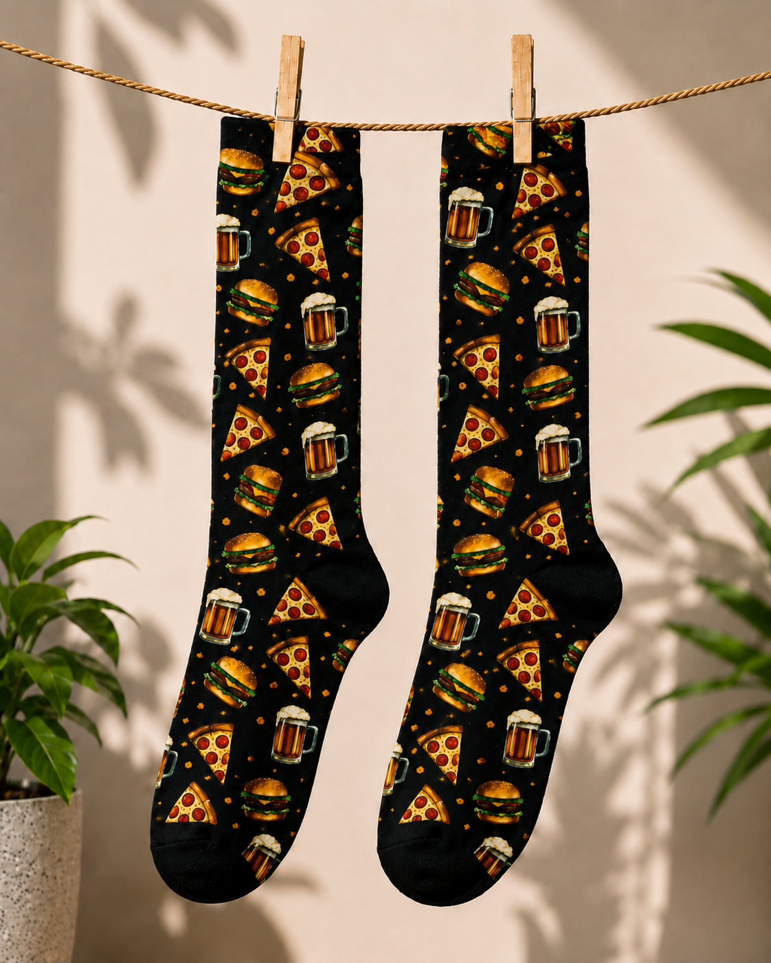 Pizza, Burger & Beer Crew Socks — Fun Food Pattern Sublimated Socks