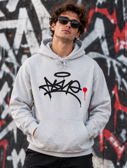 Graffiti Halo Hoodie — Urban Streetwear Pullover with Red Dot Accent