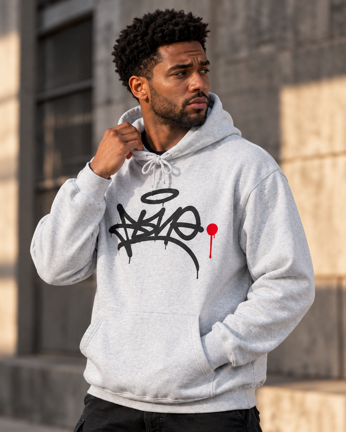 Graffiti Halo Hoodie — Urban Streetwear Pullover with Red Dot Accent