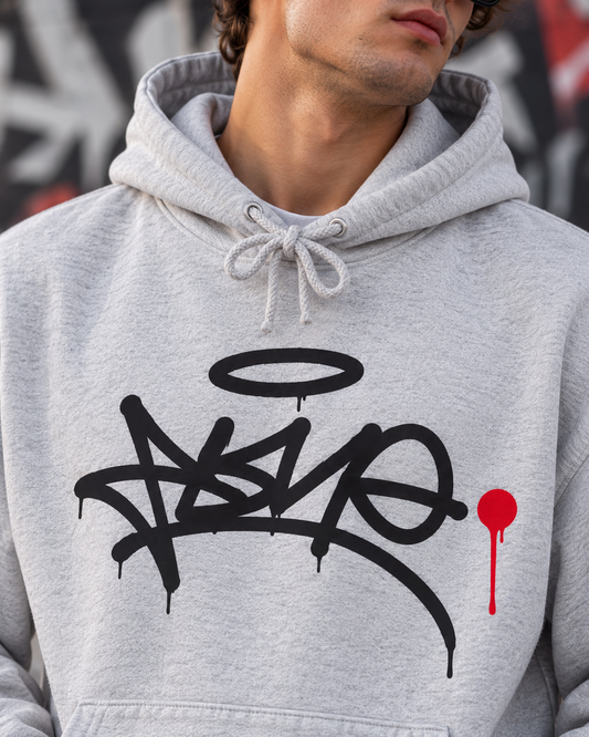Graffiti Halo Hoodie — Urban Streetwear Pullover with Red Dot Accent