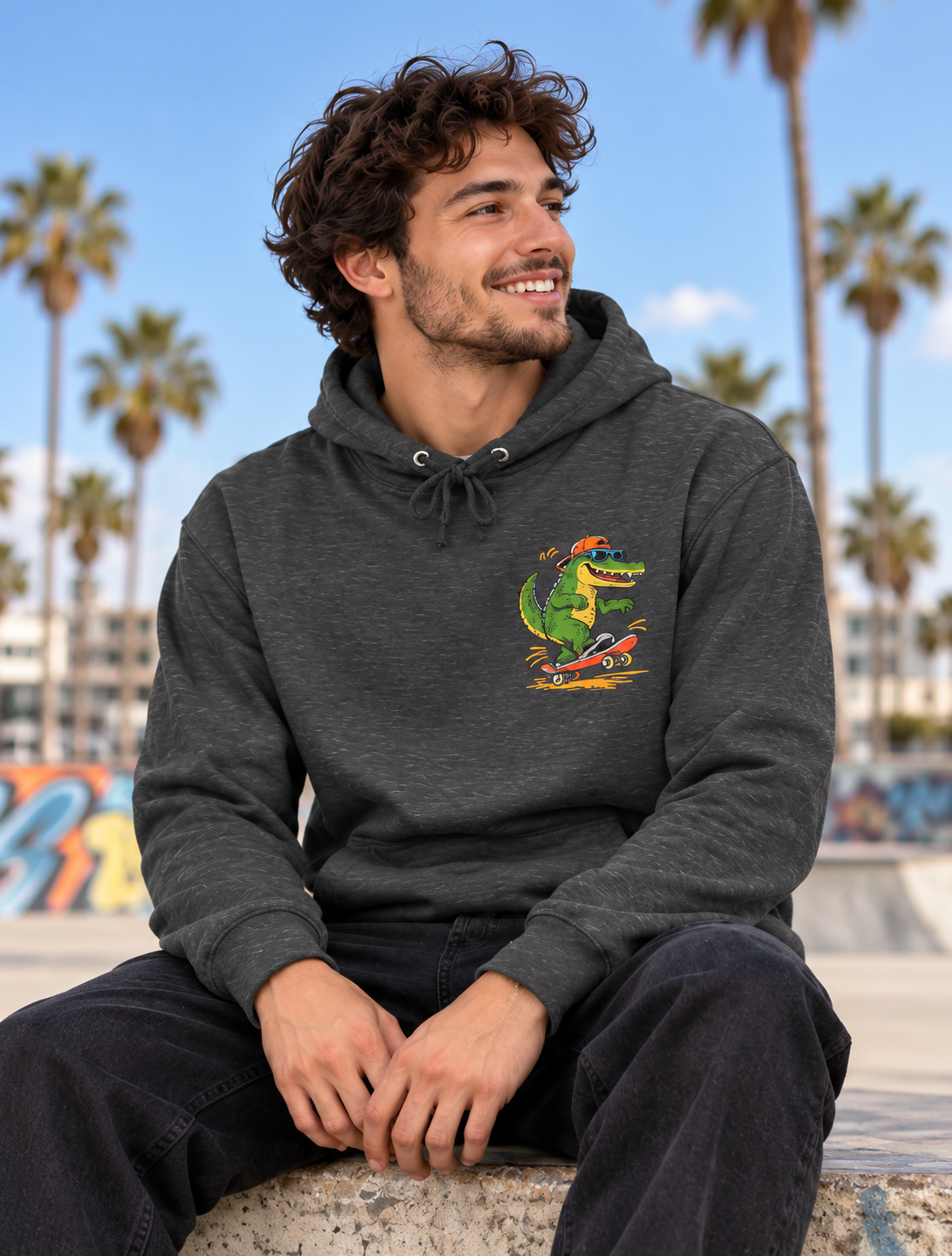 Skateboard Gator Hoodie — Retro Surfing Alligator Graphic Pullover