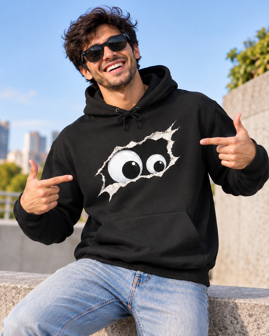 Ripped Peeking Eyes Hoodie — Funny Novelty Pullover for Teens & College Students