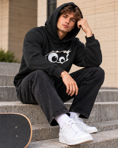 Ripped Peeking Eyes Hoodie — Funny Novelty Pullover for Teens & College Students