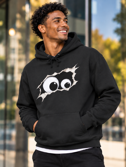 Ripped Peeking Eyes Hoodie — Funny Novelty Pullover for Teens & College Students