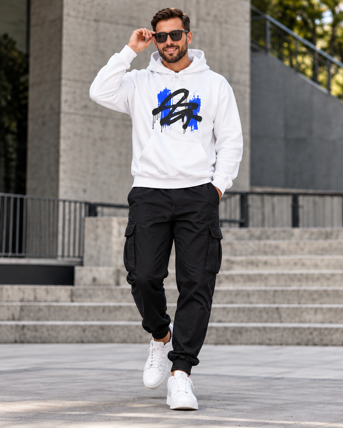Abstract Brushstroke College Hoodie - Blue Accent Campus Sweatshirt