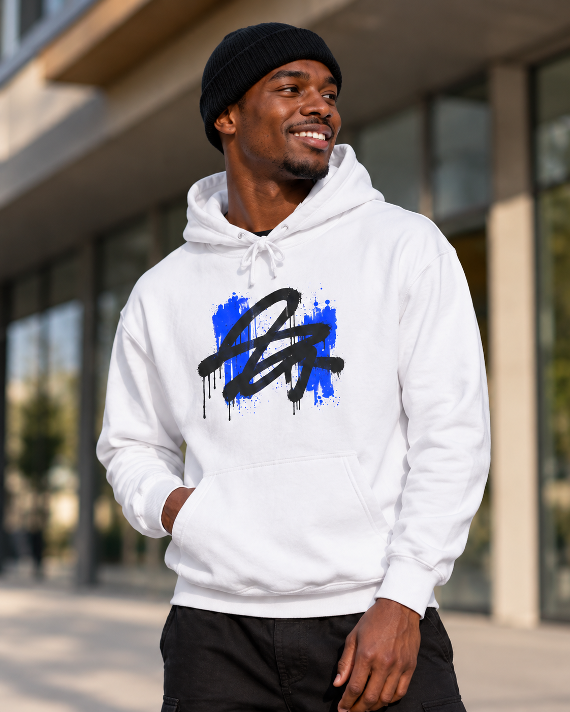 Abstract Brushstroke College Hoodie - Blue Accent Campus Sweatshirt