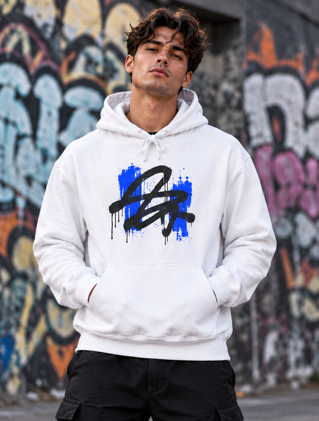 Abstract Brushstroke College Hoodie - Blue Accent Campus Sweatshirt