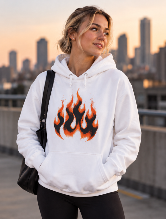Flame Graphic Hoodie — Retro Orange Black Fire Design
