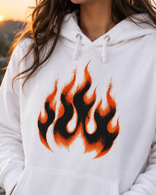 Flame Graphic Hoodie — Retro Orange Black Fire Design