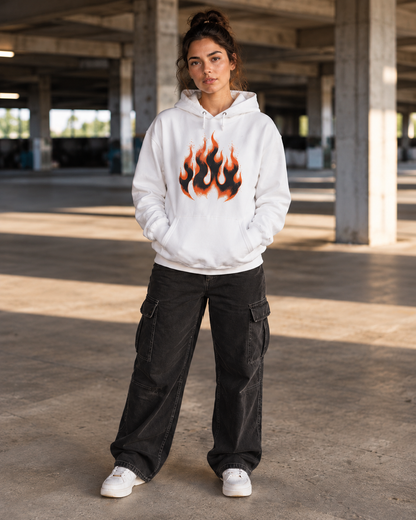 Flame Graphic Hoodie — Retro Orange Black Fire Design