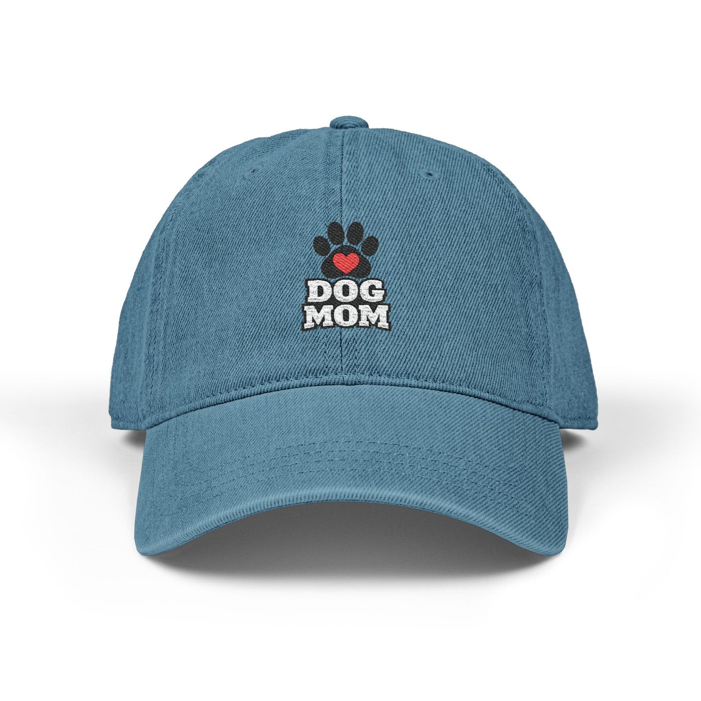 Dog Mom Denim Hat — Embroidered Paw & Heart Cap
