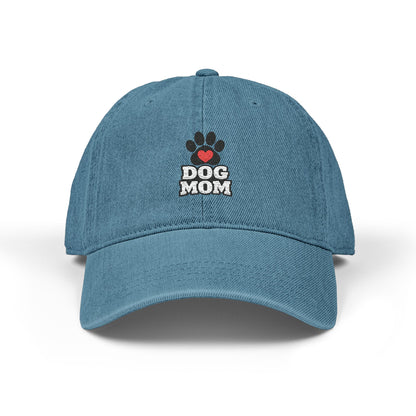 Dog Mom Denim Hat — Embroidered Paw & Heart Cap