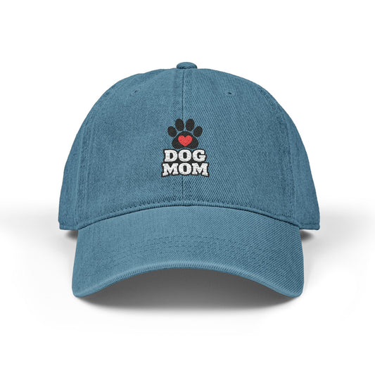 Dog Mom Denim Hat — Embroidered Paw & Heart Cap